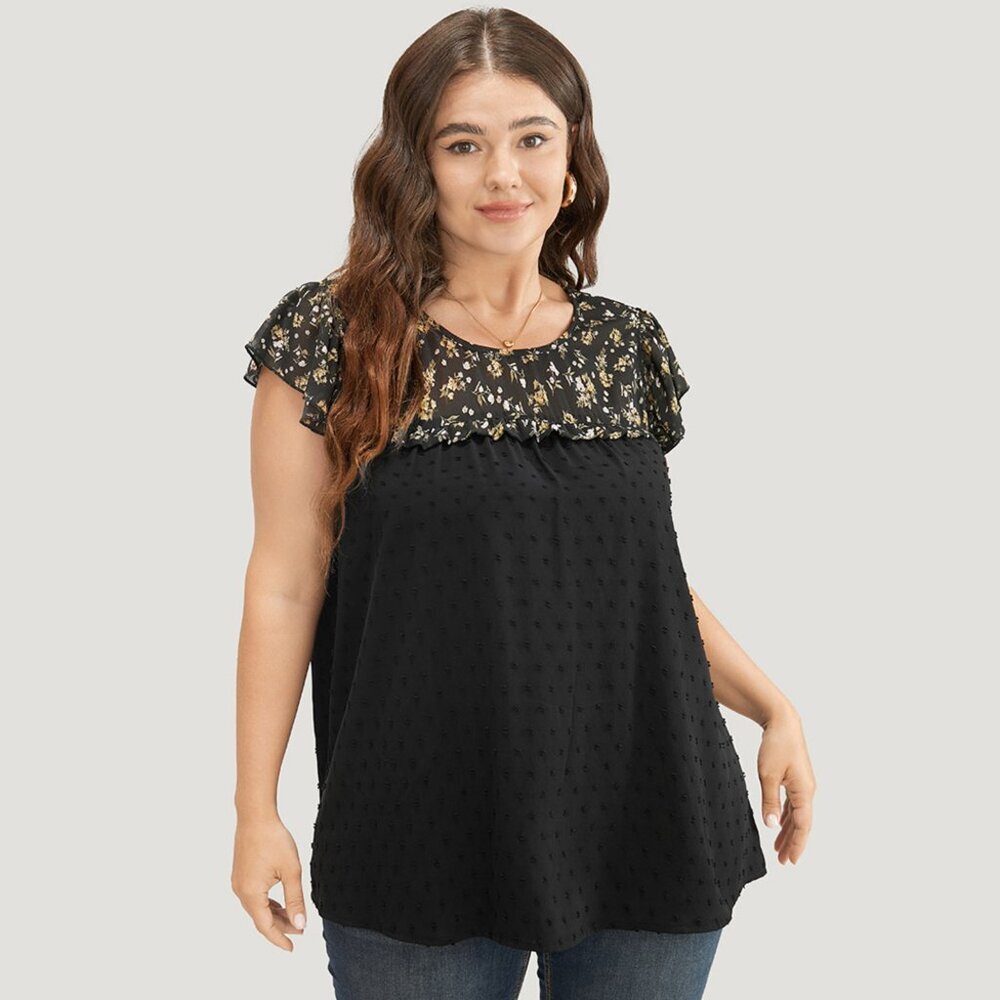 NWT BloomChic Black Ditsy Floral Patchwork Ruffle Cap Sleeve Blouse Size 10/M